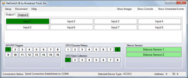 NetSwitch III application controlling ACS 8.2 Plus switcher